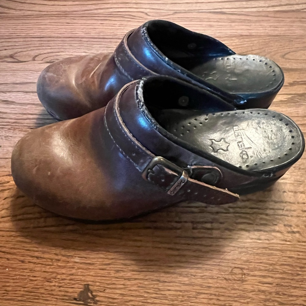 Dansko Brown Leather Clogs with Buckle